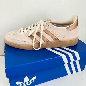 adidas Women's Beige Suede Sneakers with Rose Gold Stripes